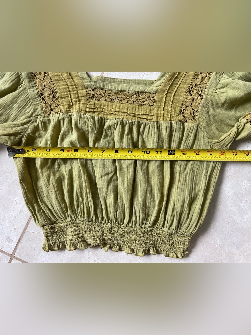 American Eagle Boho Festival Green Lace Smocked Waist Long Sleeve Crop Blouse XS - Picture 8 of 9